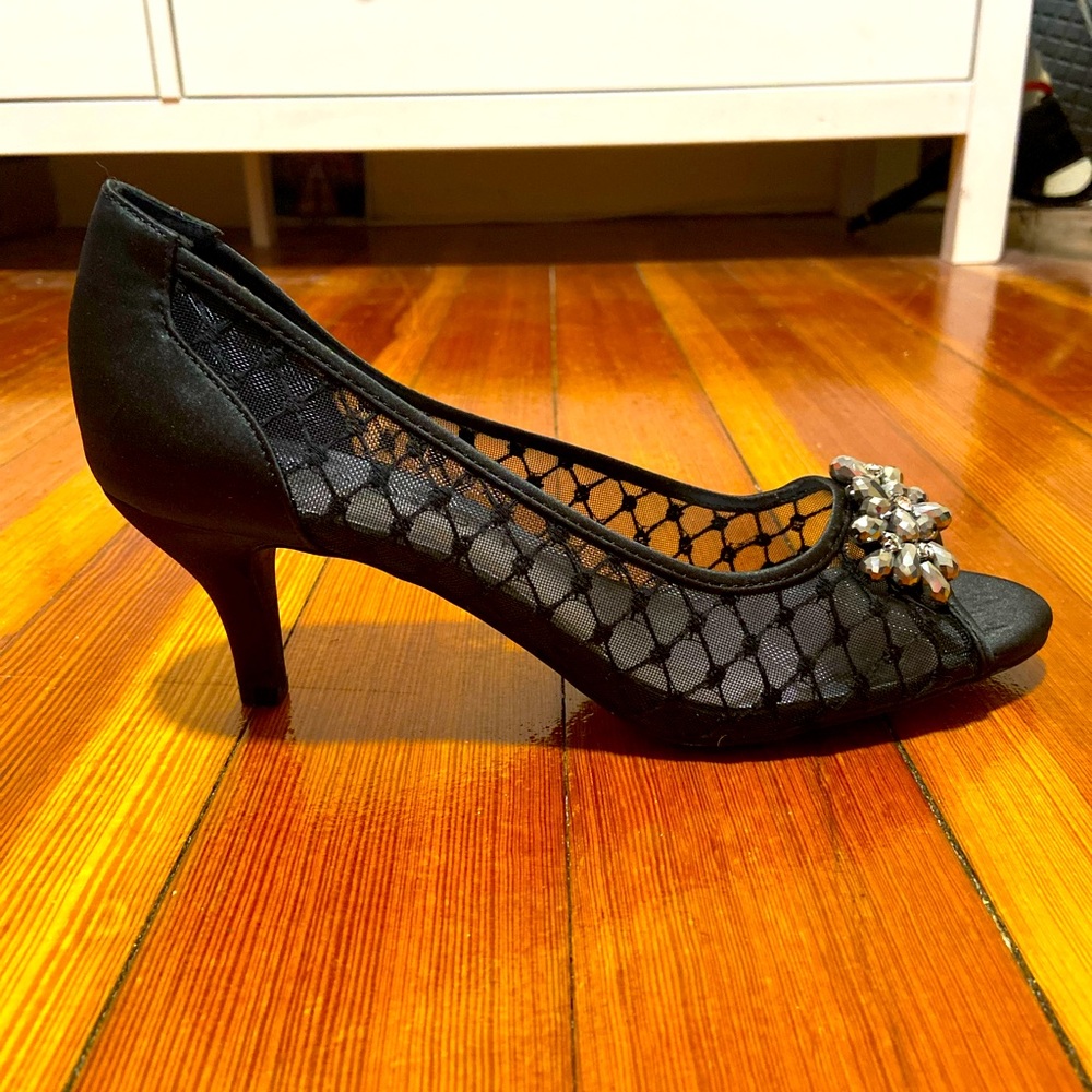 Karen Scott Black Mesh Peep-Toe Heels with Crystal Accent